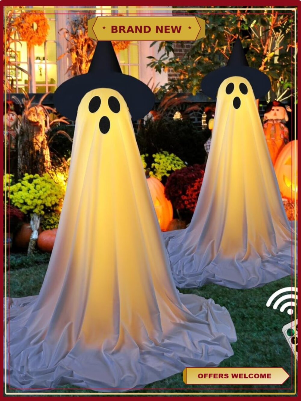Halloween Ghost Decor with LED String Lights, Outdoor Yard Lawn Set 2 Pack